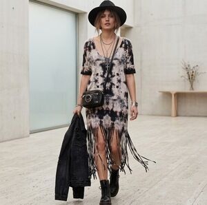 Religion Tie Dye Fringe Maxi Dress L Black Gray Boho Festival 100% Viscose